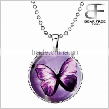 Steampunk Glowing Glow in the Dark Purple Butterfly Round Pendant Necklace with Ball Chain