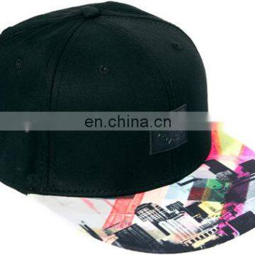 Black 5 panel hat with printing flat brim
