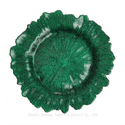 Wholesale Flora Glass Charger Plates Green Colored Reef Glass Charger Plates For Wedding Banquet