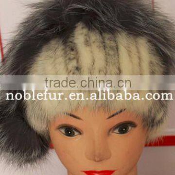 new fancy real mink fur with silver fox fur knitted hat with big pom pom