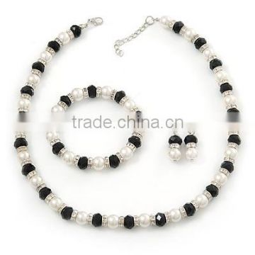 White Imitation Pearl & Black Glass Bead With Diamante Ring Necklace, Bracelet & Earrings Set