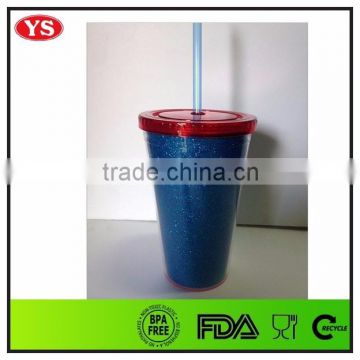 PS plastic 450 ml Plastic double wall insulated straw cup with glitter card insert