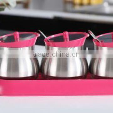 glass spice jar salt petter sugar bottle with spoon and metal coating pink