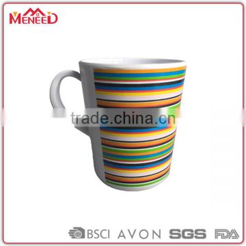 Custom 380ML colorful strips decorated plastic economic melamine mug