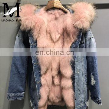 2017 Popular Chinese Genuine Fox Fur Lining and Raccoon Fur Collar Jackets Wholesale Women Jean Jacket