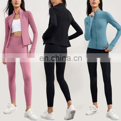 Winter Warm Full Zip Slim Yoga Jackets Custom Fleece Lined Leggings Gym Fitness Sets 80nylon 20spandex