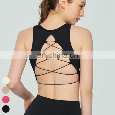 High Neck Sexy Cross Back Tank Top Breathable Fitness Running Vest Fixed Pad Sports Crop Tops Women Sleeveless Yoga Tank Top