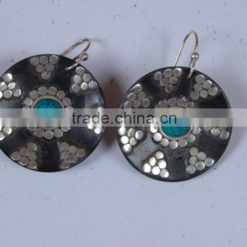 falak gems round shaped carved dark wood and gemstone silver earrings