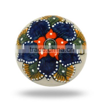 Ceramic Large Round Blue Orange Floral Design Knob