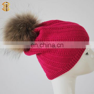 Custom Fashion Women Plain Winter Beanie Hat With Real Fur Pom Pom