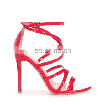 Women ankle strap fashion design high heeled dark red patent strappy stiletto square toe heel with ankle strap sandals shoes