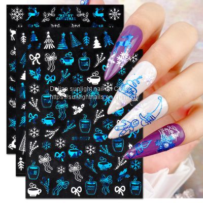 Christmas nail stickers wholesale dual color laser blue white snowflakes Christmas tree gifts 3D stickers