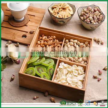 4 compartments bamboo dry fruit dessert tray,storage box with removable divider