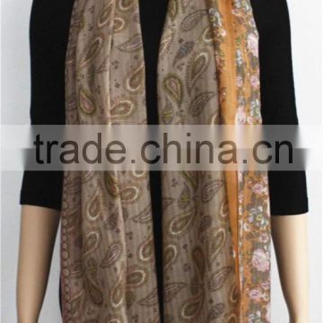 Flower and Paisley Printed Wool Scarf
