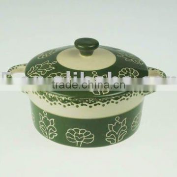 Stoneware casserole with hand painted flower design
