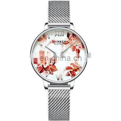 CURREN Flowers Custom Logo Ladies Watch Rose Gold Metal Band Business Watch Ladies Top Leather Watch