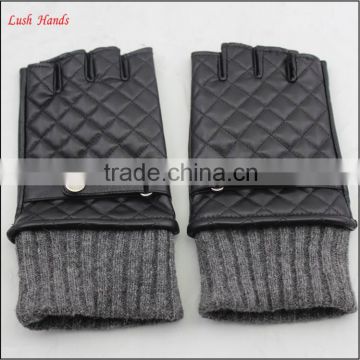 ladies winter fingerless leather gloves with grey knitting ending