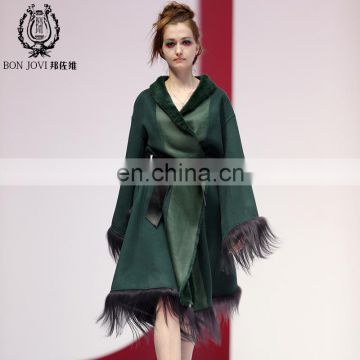Vogue Style Sheep Fur Collar Jacket Fancy Design Goat Fur Cuff Garment Women's Double Face Woollen Coat