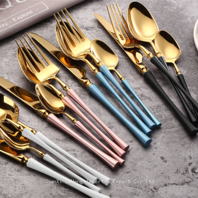 Factory Wholesale Shiny Gold Knife Fork Spoon Cutlery Set With White Black  Pink Blue Colored Handle