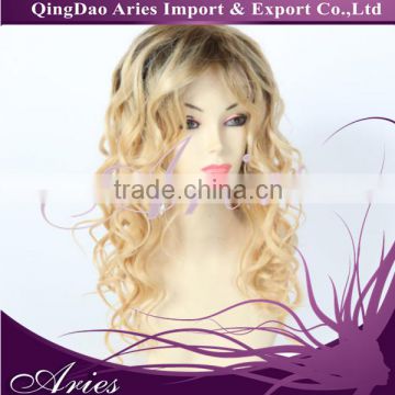 Women Blonde Black Mixed Long curly Lace Front Synthetic Full Wig