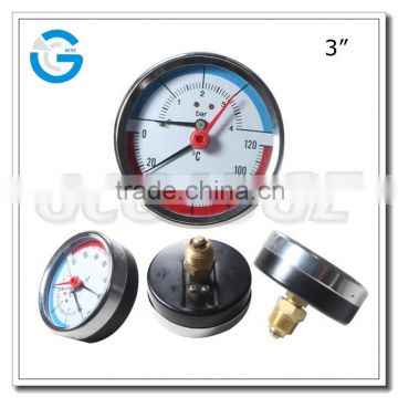 High quality 80mm black steel brass internal pressure and thermometer gauge with back connection