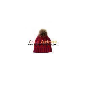 women red knitted winter pure cashmere cable hats with fox/raccoon fur