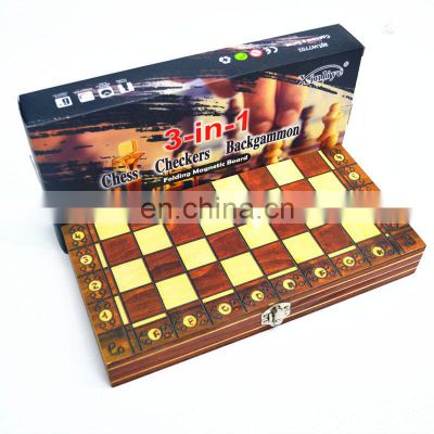 Factory Wholesale Magnetic  3 in 1 chess set Handmade Wooden Foldable Internal Storage Space Chess Board Game