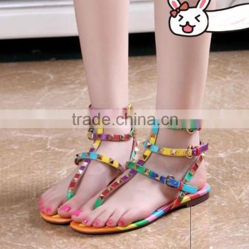 Low moq shoes manufacturer rainbow flat sandals three ankle straps studded ladies flat sandals