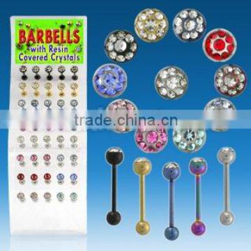steel & anodized barbells with resin-covered clear crystals