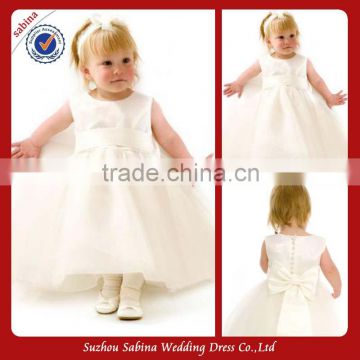 Fl78 White Satin Tulle Scoop Neck A-Line Layered Flower Girl Dress With Bowknot