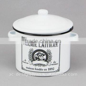 ENAMEL IRON CANISTER W/LID & EARS