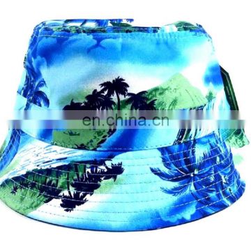 Blue Landscape Hawaiian Print Floral Bucket Hat Flower Boonie Cap Hawaii Beach Cap