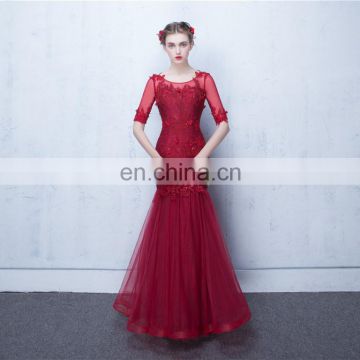 2017 New Arrival Sexy Red Appliqued Beaded Scoop Floor Length 1/2 Sleeve Lace-up Hollow Evening Dresses