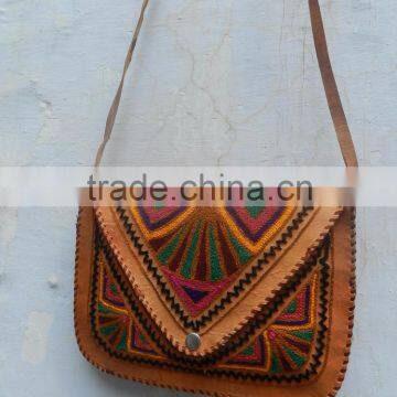 Real leather messenger bag with hand crafted embroidery for wholsale