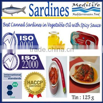 Best Canned Sardines in Vegetable Oil with Spicy Sauce Sauce , High Quality Sardines,Sardines in cans with Spicy Sauce125g