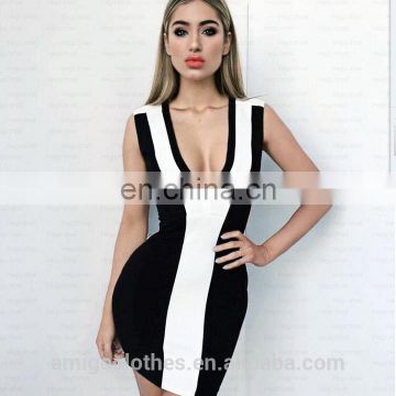 Amigo 2017 new style black white sleeveless deep V neck sexy bandage dress dew check mini evening dresses for ladis party wear