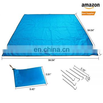 CE standard Cheap foldable sand free beach mat with 6 stakes Custom compact nylon parachute outdoor waterproof picnic blanket