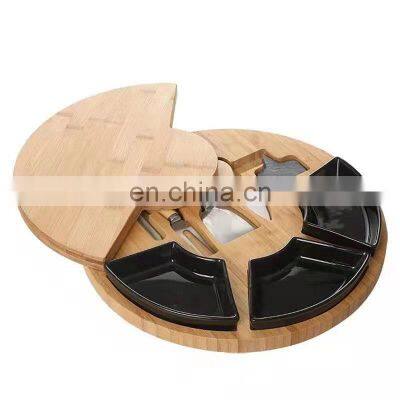 Round Shape Home Kitchen Tableware Bamboo Cheese Board With Three Ceramic Bowl And Cutlery Set Kitchen Chopping Blocks