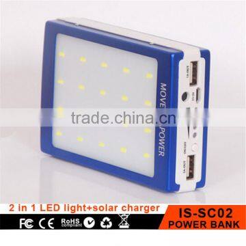 High quality solar 6000mah mobile power bank with camping light