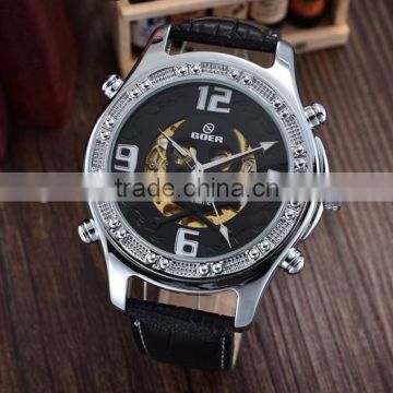 Alibaba 2016 GOER skull dial watch leather strap watch custom logo automatic watches for men
