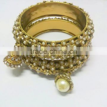 Antique Finish Kada Bangle Sets with hangings, Bridal Indian Churi Bracelet, Gold finish Bangle Sets