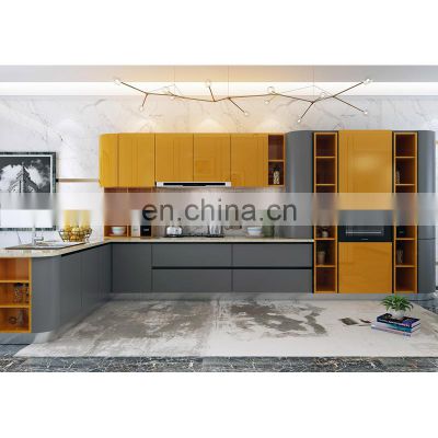 Modern yellow grey l shaped modular kitchen cabinet designs