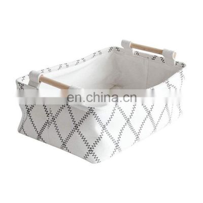 best selling large promotional cloth sundries collapsible fabric storage basket with wooden handle
