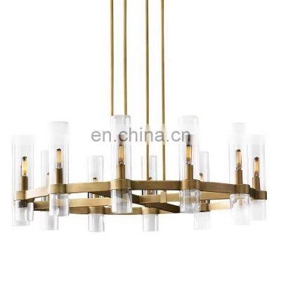 American Modern 32-Inch round Brass Chandelier Iron Blown Glass Shade LED Candle Ceiling Lamp for Kitchen Warm White