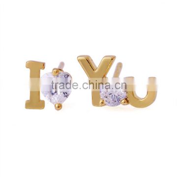 Cheap Jewelry Gold Plated "I Love You"Clear Round Crystal Love Stud Earrings Anniversary Gift