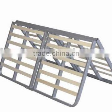 Folding steel bed frame with wooden slats