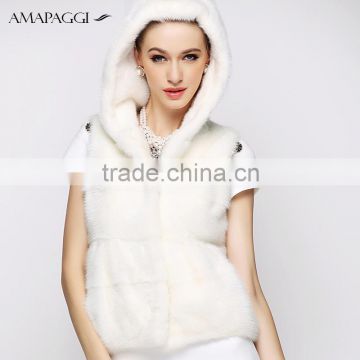 Factory discount white mink pelt fur vest with hood