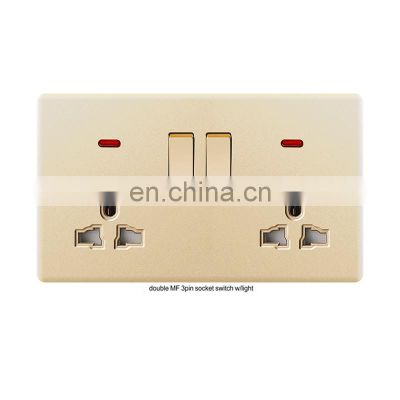 3-pin socket switch with light golden flame retardant PC panel with LED household indicator electrical wall socket switch panel