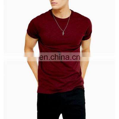 Cotton High Quality Men Solid Burgundy Slim Fitted T Shirt Men