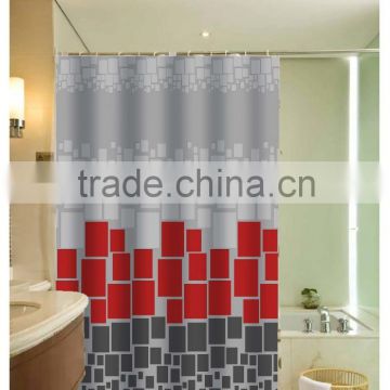 Red and gray blocks printed 100% polyester shower curtain for hotel, family, waterproof bath curtain